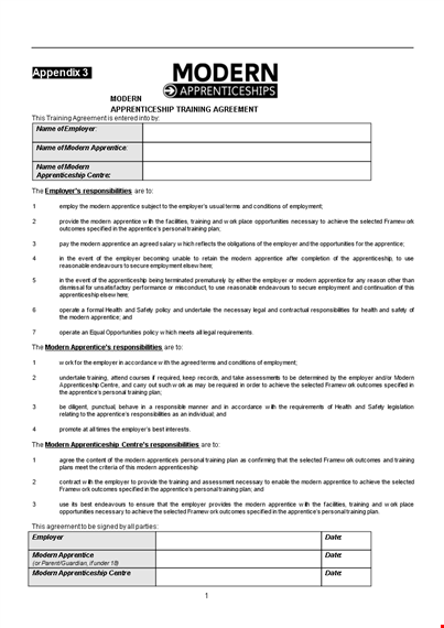 modern apprenticeship training agreement form template