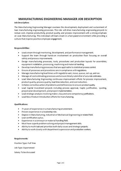 manufacturing engineering manager job description template