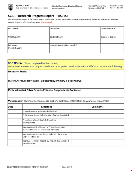 research progress report template for student project section template