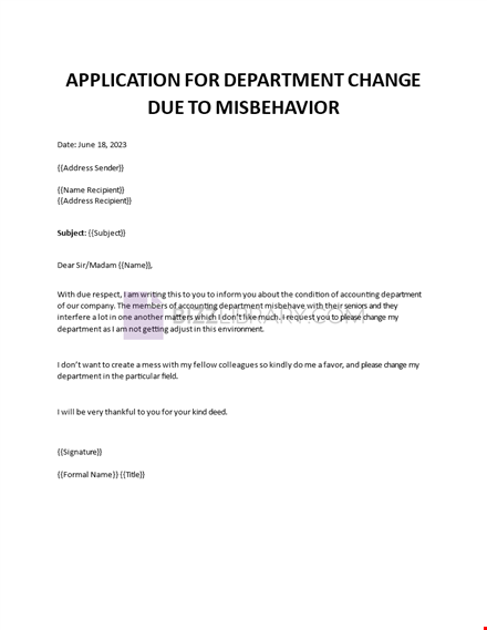 application for department change due to misbehavior template