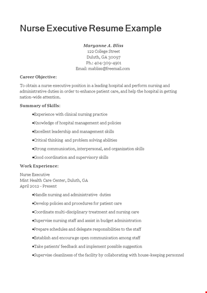 nurse executive resume sample template