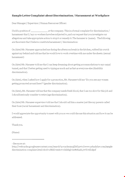 harassment at work complaint letter template