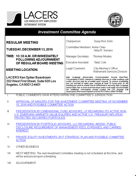 investment committee meeting agenda template template