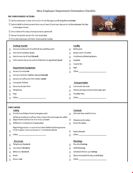 employee department orientation checklist | personal, employment, and department review template