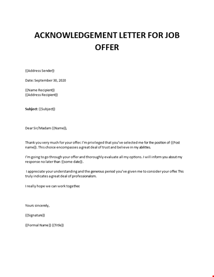 acknowledgement letter for job offer template