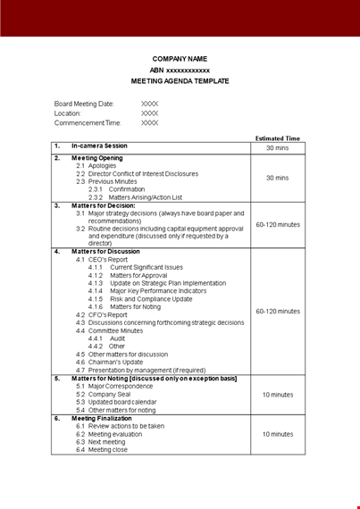 effective meeting agenda template for board and business matters | minutes included template