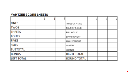 yahtzee score sheets - total your scores, track yahtzee, and straight opportunities template