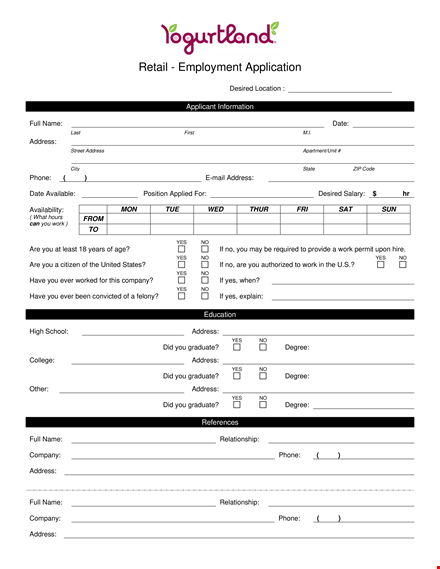 retail store job application form template