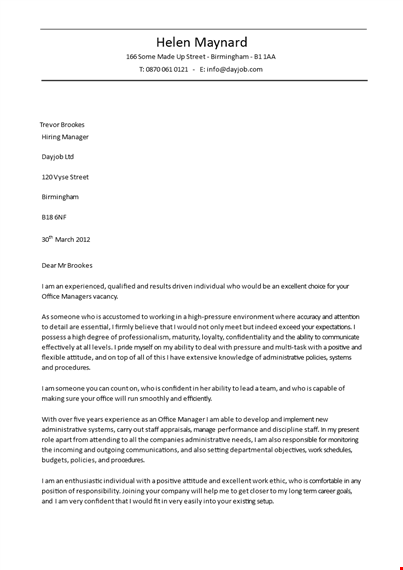 office manager job application letter template