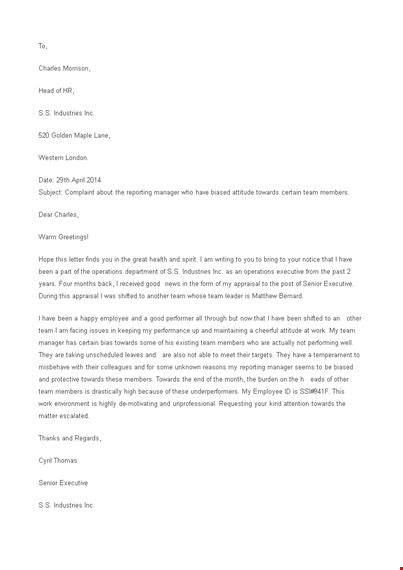 employee attitude complaint letter template