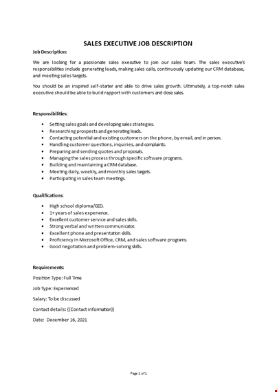 sales executive job description template