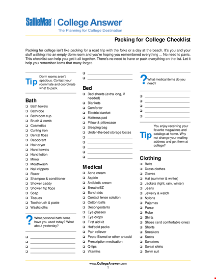 college packing checklist template template