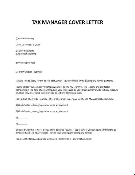 tax manager job application letter template