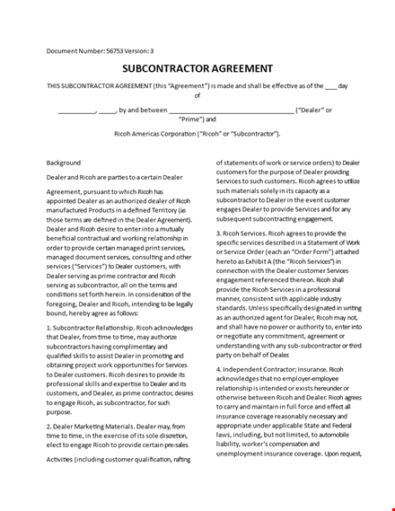 subcontractor agreement for services | dealer contract | ricoh template