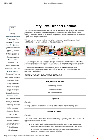 entry level preschool teacher resume template