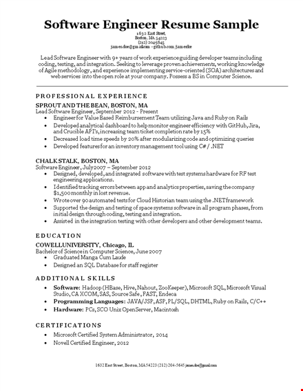 experience a strong software engineer resume format for testing in boston template