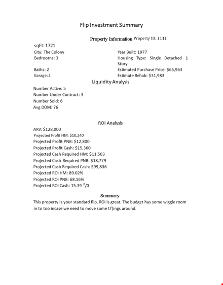 flip investment summary template template