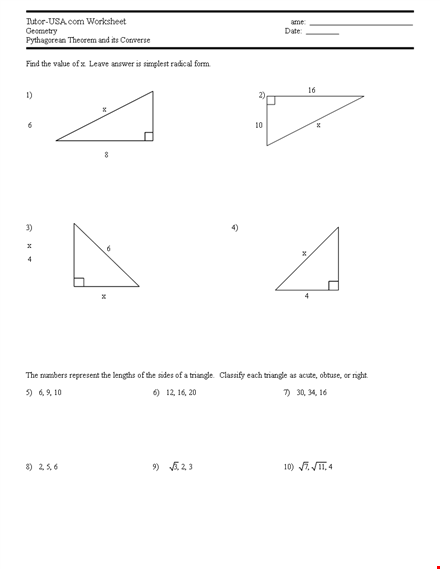 discover pythagorean theorem with a tutor - acute and obtuse angles template