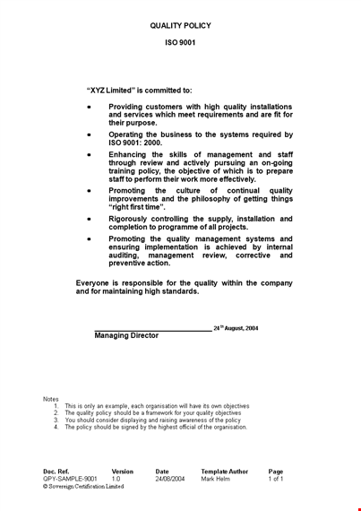 company quality policy template template