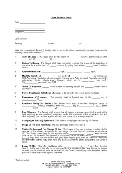 free lease letter of intent template
