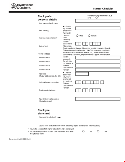 sample new employee starter checklist: address, allowance, taxable information template
