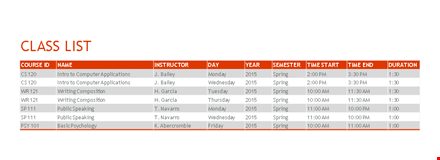 spring class roster template template