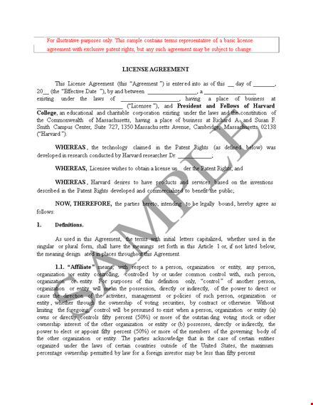 harvard license agreement template for licensee template