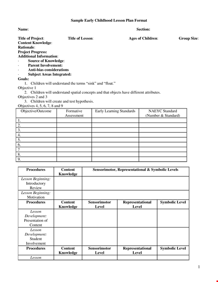 early childhood lesson plan template | level, lesson content, knowledge, sensorimotor template