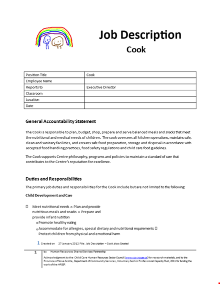 cook job description for child care center | professional development & maintenance template
