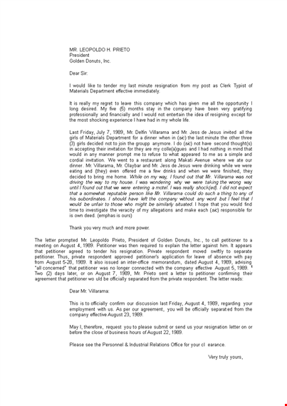last minute formal resignation letter template