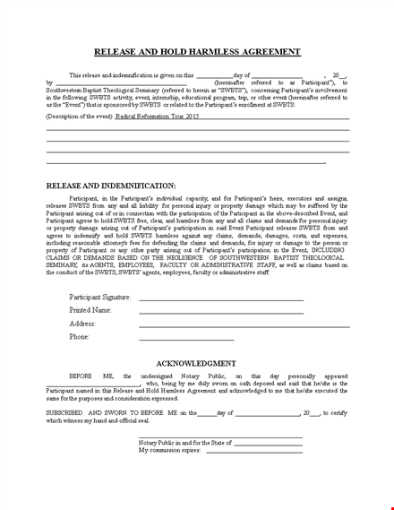swbts event hold harmless agreement template - release liability of participants from claims template
