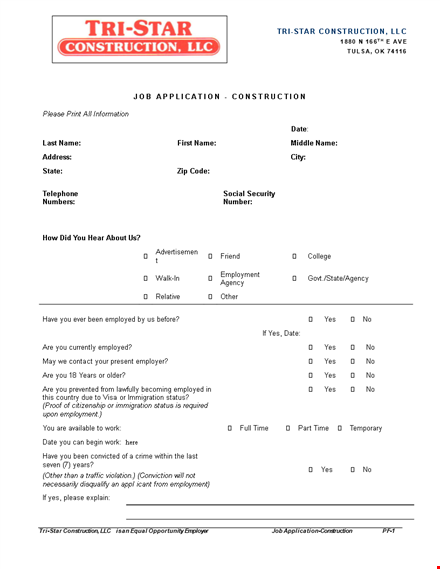 construction employment application template word template