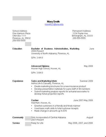 part time job resume format - marketing | school | hoover | florence template