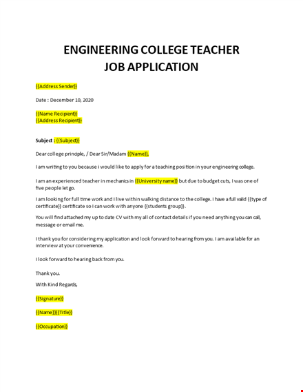 applying as a teacher in engineering college template