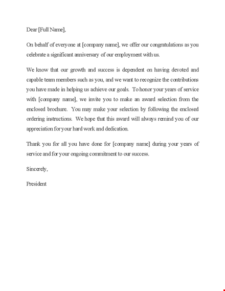 recognition letter for years of dedicated service - company success template