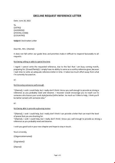 decline recommendation request letter template