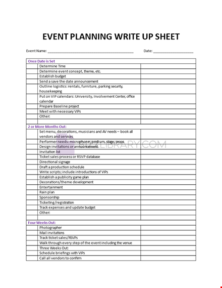 event planning write up sheet template
