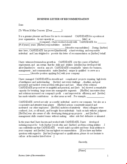 expert letter of recommendation for business candidates template