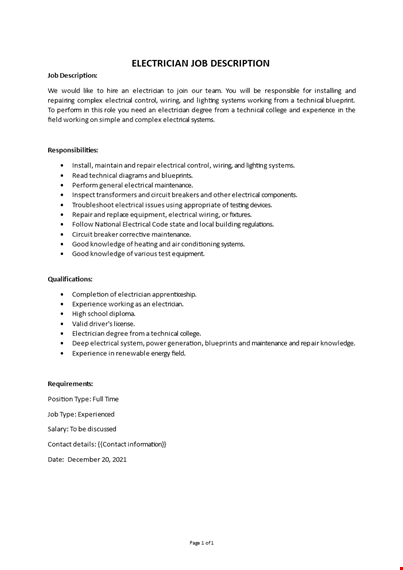 electrician job description template