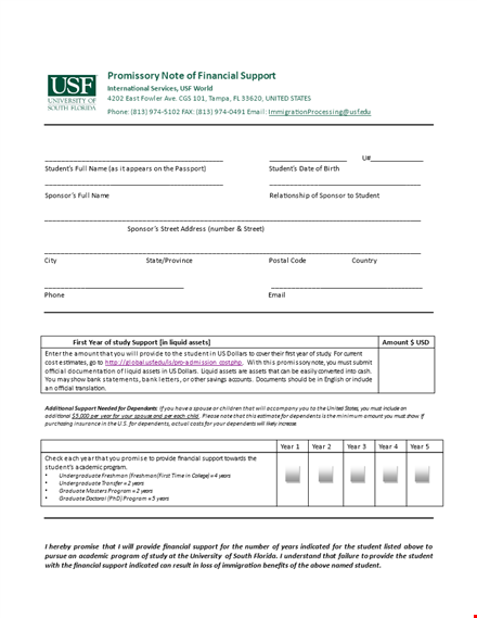 official financial support promissory for student - years of support template