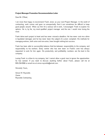 project manager promotion recommendation letter template