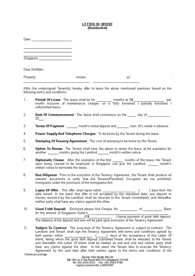 residential real estate letter of intent doc template