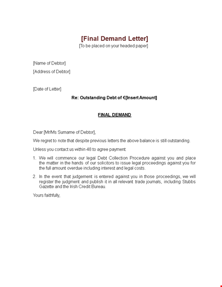 demand letter template for legal matters - send a final demand to debtor template