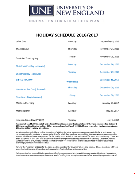 holiday schedule staff template