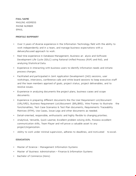 junior business analyst resume template