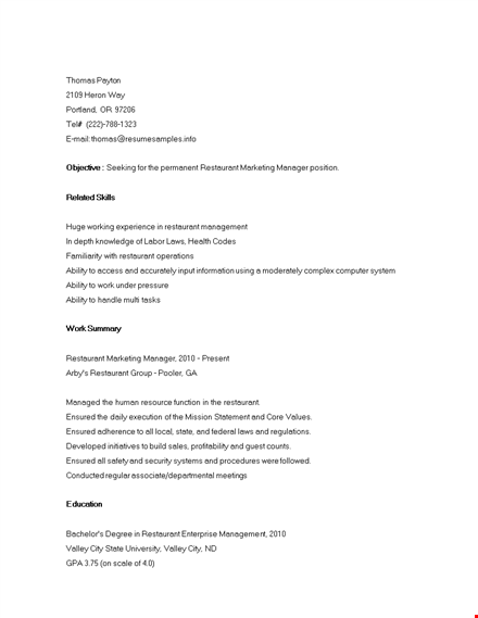 sample restaurant marketing resume template
