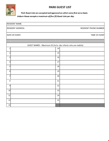 guest list template: manage and organize park guests - auburn permitted guests template