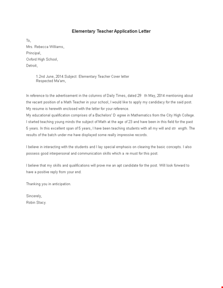 elementary teacher application letter: write a winning letter for a teaching position template