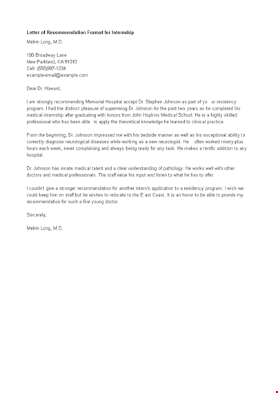 letter of recommendation format for internship template