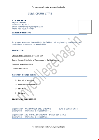 civil engineering internship resume - sample for chicago | mycollegebag template